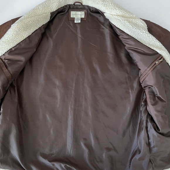 Paradox Brown Leather Sherpa Collar Trim Men Bomber Aviator Jacket Coat XXLT - Picture 4 of 8